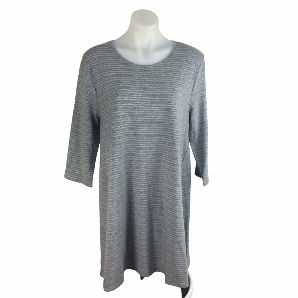 Garnet Hill Tencel Lyocell 3/4 Sleeve Gray Striped Dress Womens Size XL